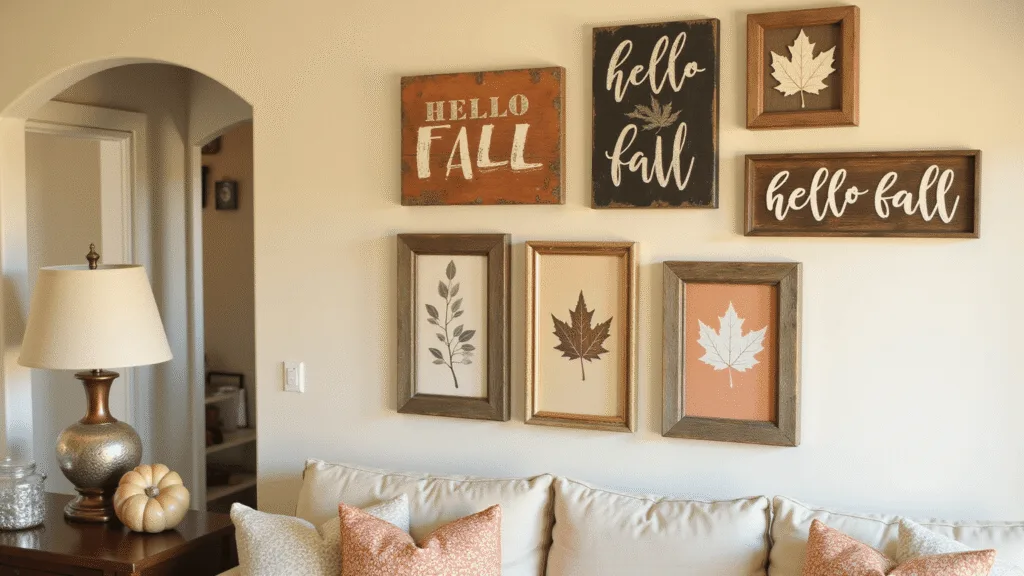 "Cozy living room with vintage fall canvas art, rustic wooden signs, and maple leaf decorations bathed in golden hour light"