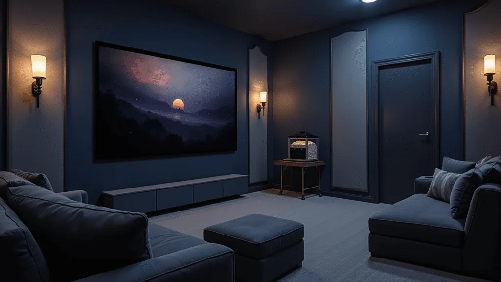 "Cozy home theater with navy walls, plush charcoal sectional sofa, wall-mounted 65 inch OLED TV, blue LED accent lighting, theater sconces, acoustic panels, and a vintage-style popcorn machine"