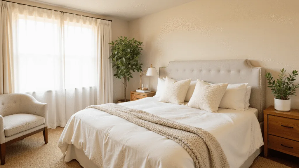 "Cozy neutral bedroom bathed in warm sunlight featuring king bed, textured pillows, potted olive tree, brass accents, and bouclé chair"