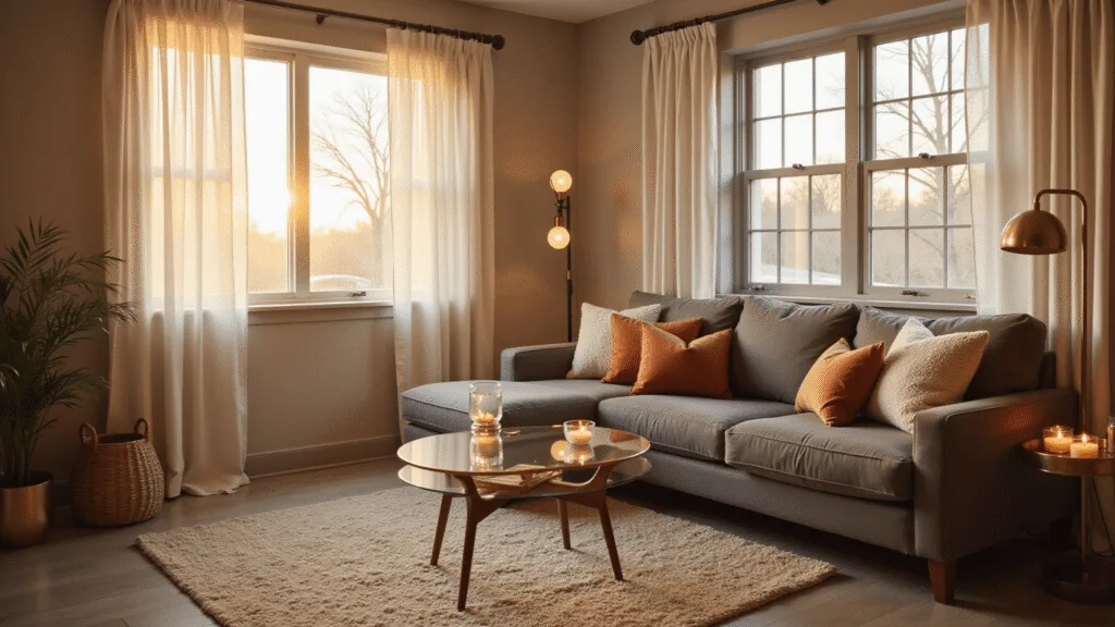 "Cozy living room with golden hour sunlight, modern sectional, brass lamps, and velvet pillows on a cream rug"