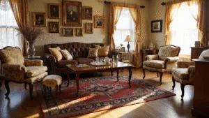 "Vintage living room with floral armchairs, Chesterfield sofa, Persian rug, gallery wall, and sunlight casting shadows on hardwood floor."