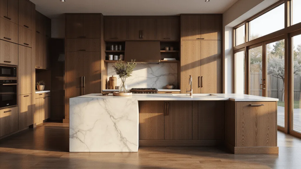 "Luxurious kitchen with dark oak cabinets, white marble island, brass accents, and sunlit interiors shot in 8K resolution"
