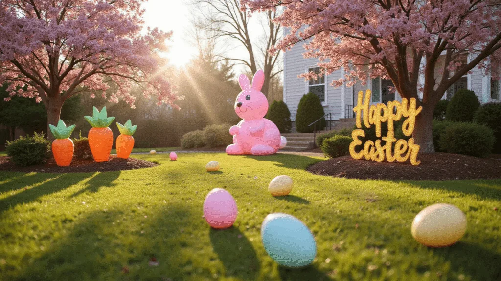 "Whimsical Easter yard display with pink inflatable bunny, blooming dogwoods, carrot path markers, and pastel egg ornaments"