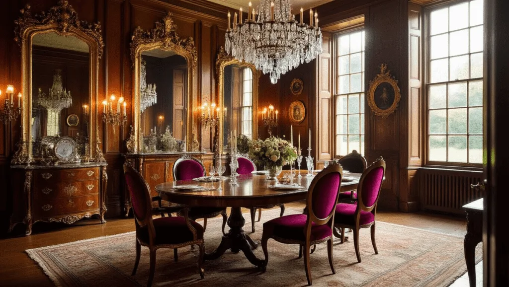 "Elegant antique dining room with mahogany table, crystal chandelier, velvet chairs, ornate mirrors, and golden sunlight through tall windows"