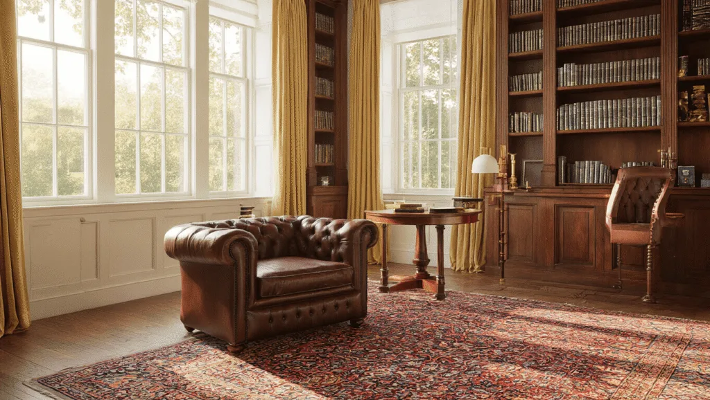 "Elegant Georgian study with leather Chesterfield, Persian rug, mahogany bookshelves, and golden sunlight streaming through tall windows"