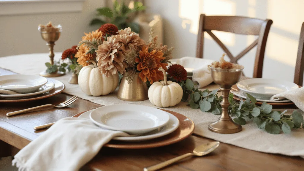 "Cozy autumn table setting with white pumpkins, dried orange slices, burgundy mums centerpiece, bronze candlesticks, and a eucalyptus garland under warm sunlight"
