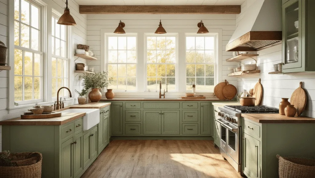 "Sunlit farmhouse kitchen with sage green cabinets, white shiplap walls, and vintage decor during golden hour"