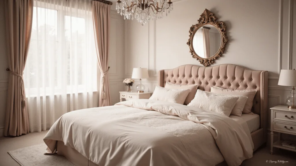 "Elegant feminine bedroom with blush velvet king bed, crystal chandelier, sheer curtains, and champagne bedding in soft morning light"