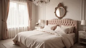 "Elegant feminine bedroom with blush velvet king bed, crystal chandelier, sheer curtains, and champagne bedding in soft morning light"