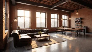 "Sunlit industrial loft living room with exposed brick walls, leather sofa, steel beams, and minimal decor during golden hour"