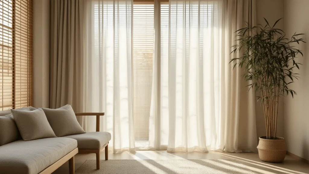 "Japandi interior with sheer linen curtains, natural light, bamboo blinds, and minimalist furniture in neutral tones"