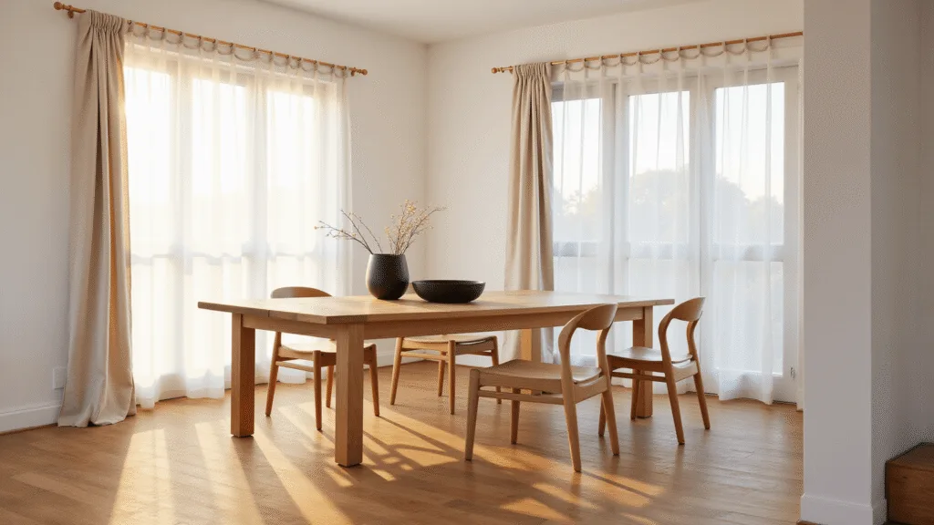 "Japandi dining room with oak table, ash chairs, linen curtains, and minimalist decor during golden hour"