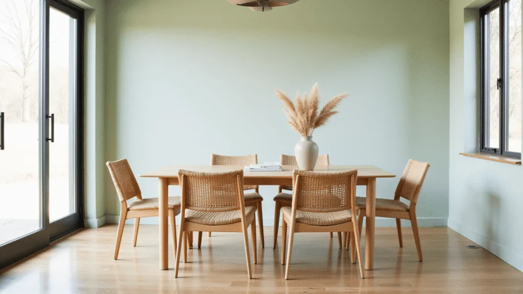 "Japandi style dining room with blonde oak chairs, large windows allowing natural light, pale sage green walls, and minimalist decor with a ceramic vase"