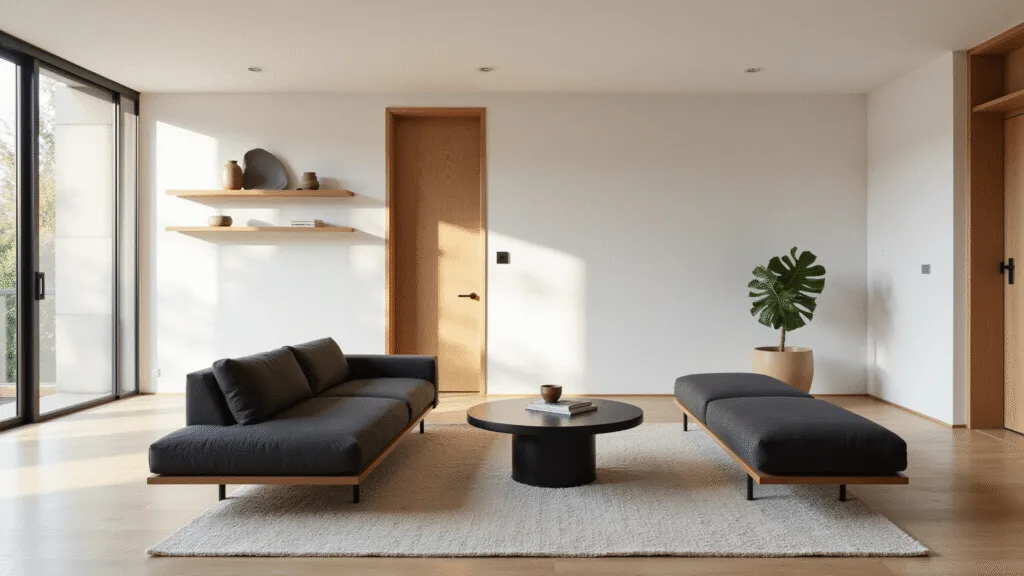 "Japandi-style living room with charcoal sofa, wooden coffee table, floor-to-ceiling windows, and minimalist decor including a fiddle leaf fig and ceramic vessels"