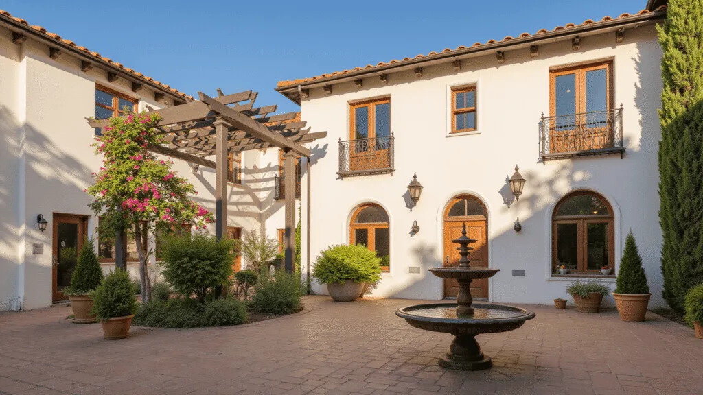 "Mediterranean courtyard with white stucco walls, terracotta tiles, arched windows, iron balconies, and a central fountain under a warm sunny blue sky"