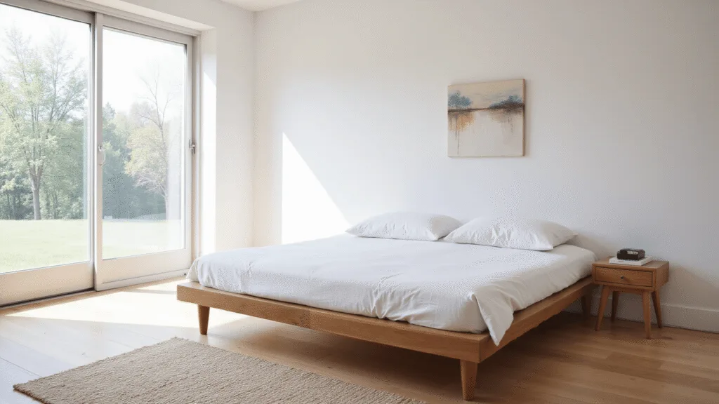 "Minimalist bedroom with an oak platform bed, white linen bedding, and morning sunlight pouring through large windows"