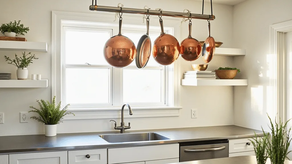 "Sunlit minimalist kitchen with copper cookware, white cabinets, stainless steel countertops, and herb plants"