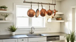 "Sunlit minimalist kitchen with copper cookware, white cabinets, stainless steel countertops, and herb plants"