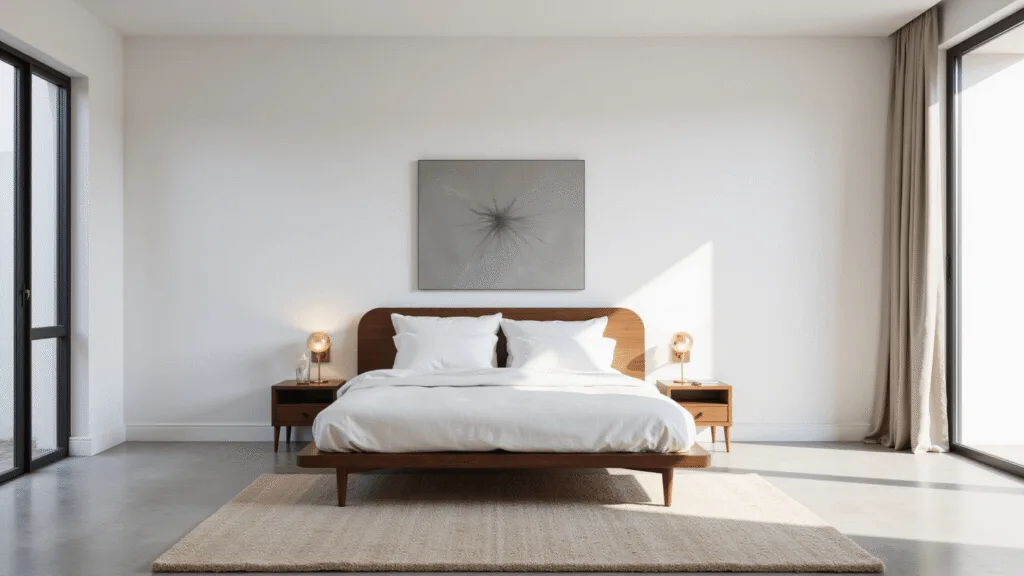 "Minimalist bedroom with walnut platform bed, white linen, concrete floors, and abstract artwork under morning light"