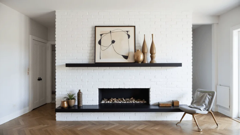 "Minimalist contemporary living room featuring a white brick fireplace, black floating shelf, brass sculptures, abstract art, charcoal sectional, herringbone floor and golden hour lighting."