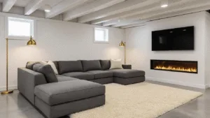 "Modern basement living room with gray sectional, white walls, warm LED lighting, polished concrete floor, and mounted TV above an electric fireplace."