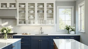 "Modern kitchen with glass cabinets, navy blue lower cabinets, white quartz countertops, marble backsplash, stainless steel appliances and sunlight streaming through windows"