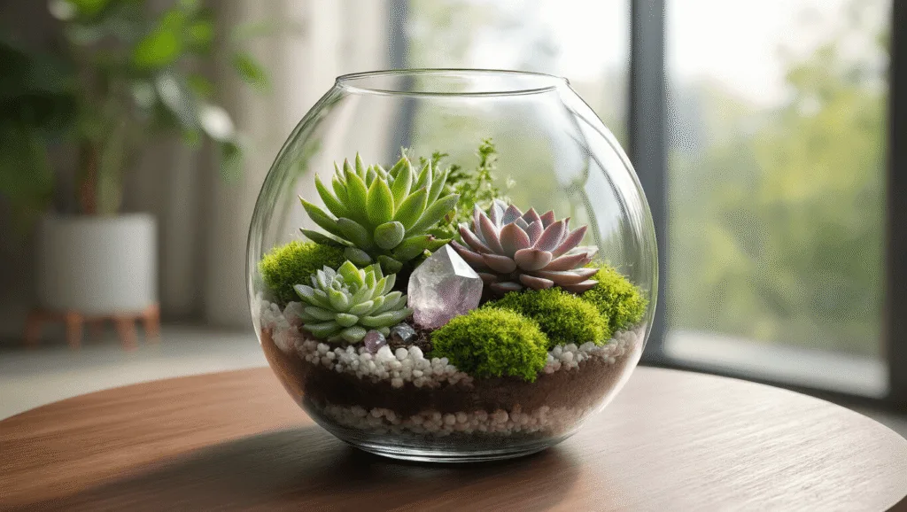 "Glass terrarium with succulents, crystals, and moss on a walnut table in natural light"