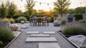 "Modern gravel garden patio with mixed stones, ornamental grasses, string lights and minimalist furniture at sunset"