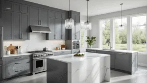 "Modern gray kitchen with high-gloss cabinets, white quartz countertops, stainless steel appliances, and crystal pendant lights"