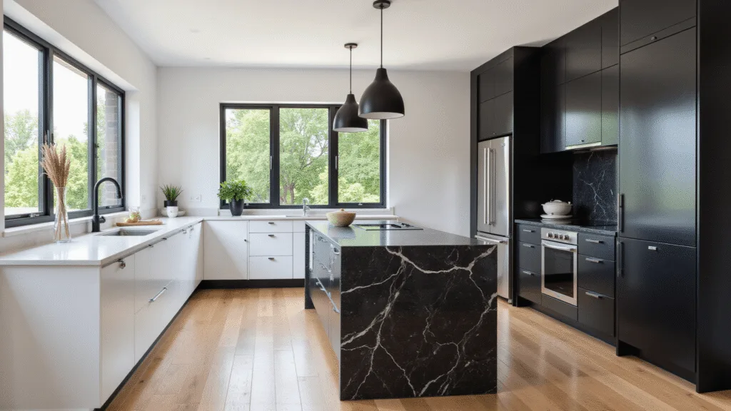 "Overhead view of a modern minimalist kitchen with black marble countertops, white oak cabinets, glass displays, and green plants, bathed in soft moody lighting."