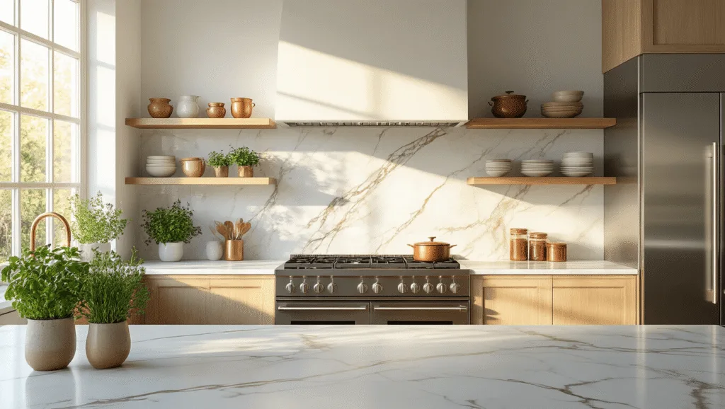 "Modern kitchen with white marble backsplash, stainless steel appliances, and quartz countertops bathed in golden hour light"