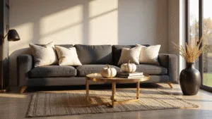 "Minimalist living room in golden hour light with charcoal sectional, brass accents, and fall decor"