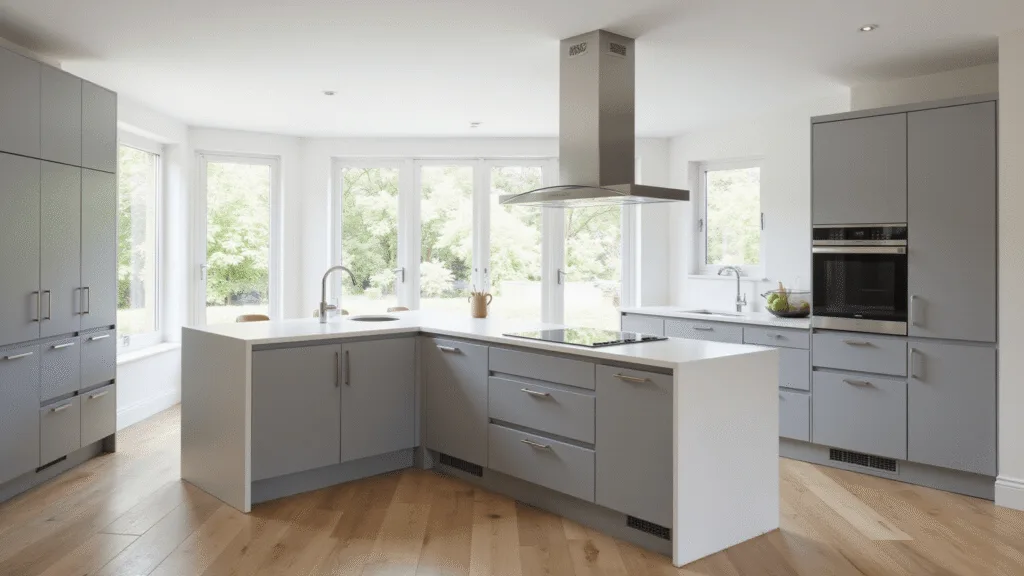 "Modern minimalist kitchen with dove grey handleless cabinets, white quartz countertops, stainless steel appliances and natural light"