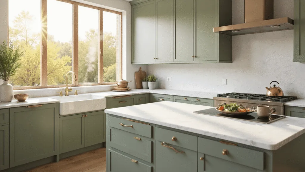 "Modern sage green kitchen with white marble island, brass fixtures, and sunlit large windows, with steamy copper kettle and fresh herbs in a ceramic vase"