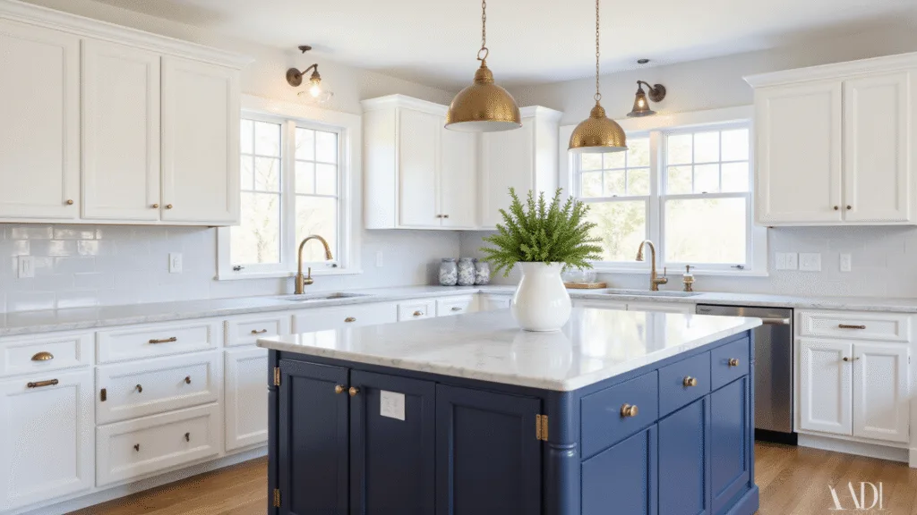 "Modern kitchen with white Shaker cabinets, navy blue island, white marble countertops and natural sunlight shining through large windows"