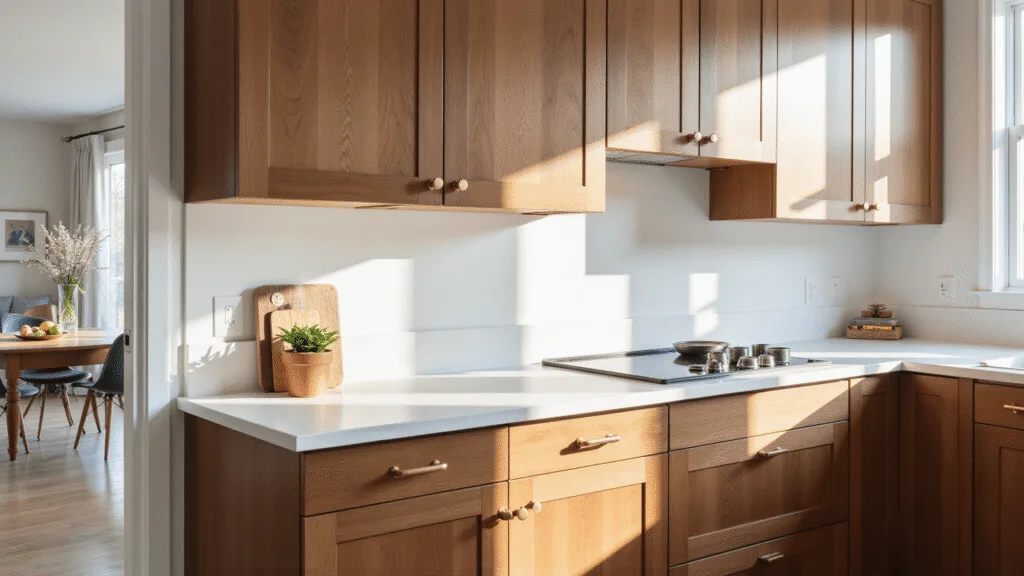 "Modern kitchen interior with walnut cabinets, white quartz countertops, brass hardware, and natural sunlight streaming through windows"