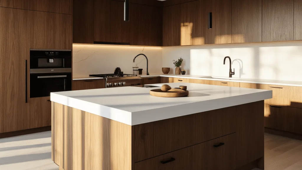 "Modern kitchen with walnut cabinets, white quartz countertops, and black hardware illuminated by warm golden light"