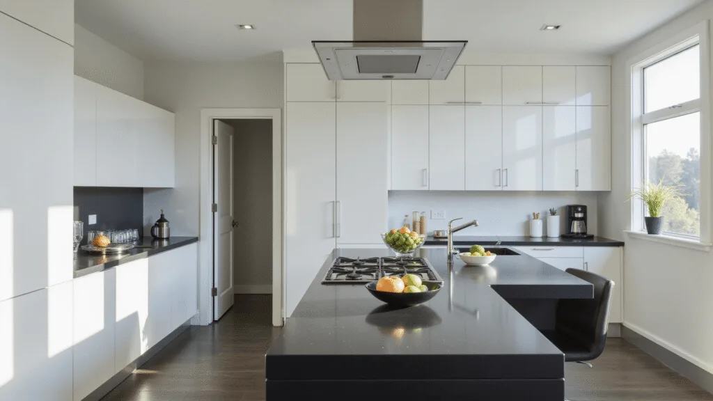 "Modern high gloss kitchen with bright white cabinets, a black waterfall island, chrome accents, reflective surfaces, and bathed in morning sunlight for a clean, minimal design."