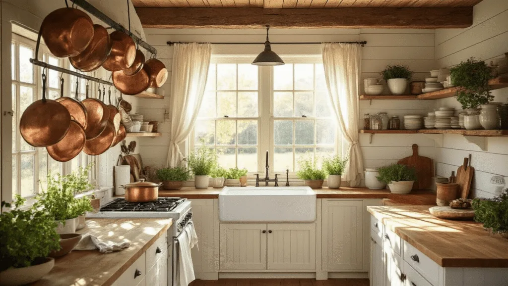 "Sunlit rustic farmhouse kitchen with wooden beams, vintage copper pots, white apron sink, and open shelving with fresh herbs"