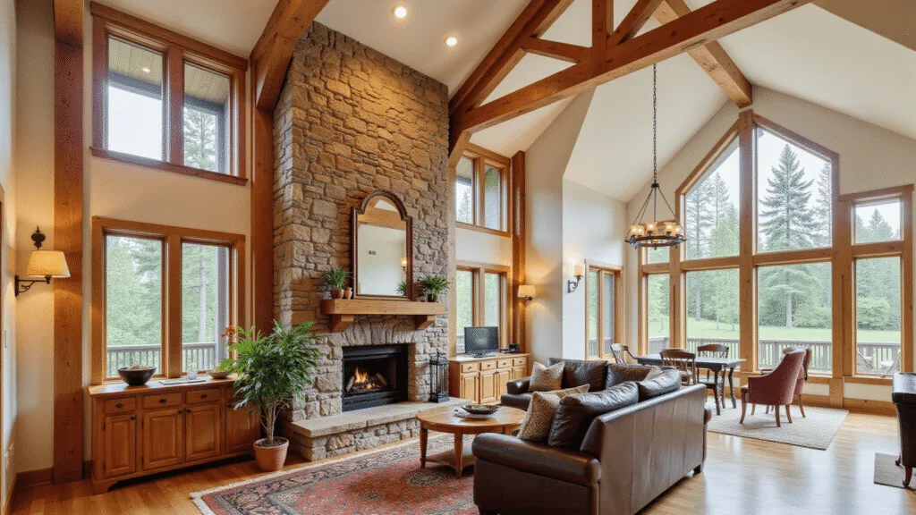 "Morning sun streaming through tall windows in a two-story rustic modern living room, highlighting a cozy stone fireplace with timber beams"