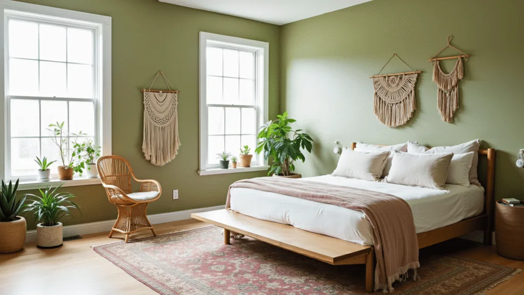 "Sunny Bohemian inspired bedroom with sage green walls, wooden platform bed, macramé wall art, rattan chair, vintage rugs and potted plants"