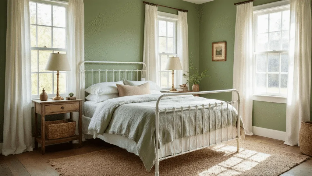 "Sage green farmhouse bedroom with white iron bed, vintage decor, and morning light streaming through curtains"