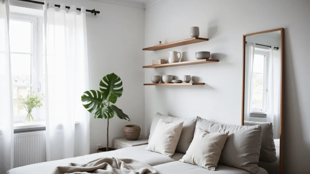 "Scandinavian studio apartment with morning light, floating shelves with ceramics, white curtains, a gray sofa-bed and a fiddle leaf fig plant"