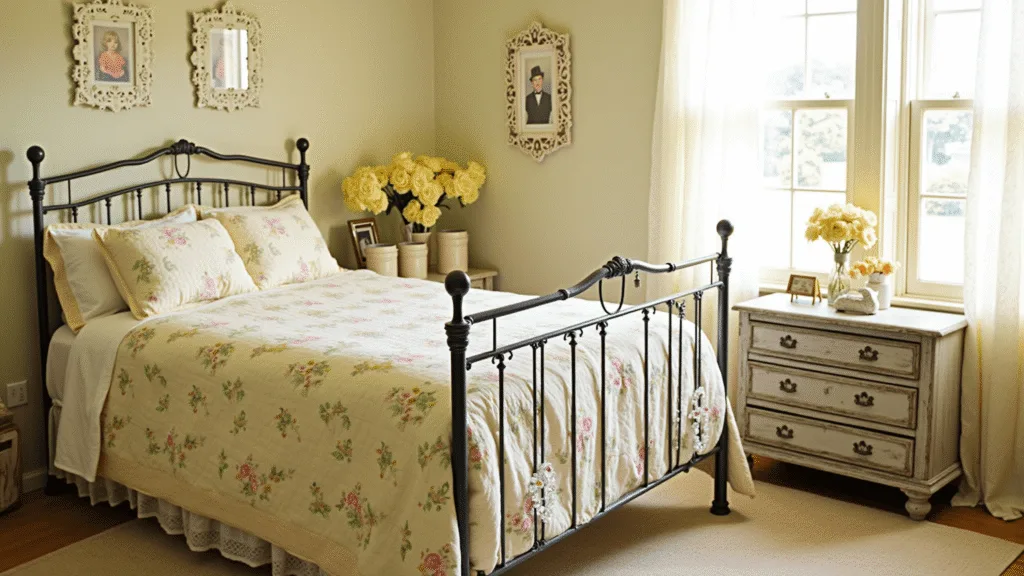 "Sunlit vintage cottage bedroom with an iron bed, floral quilts, lace curtains, and antique dresser in warm morning light."