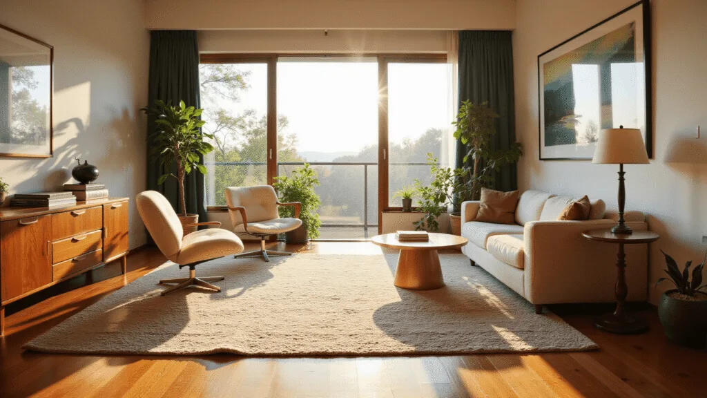 "Vintage modern living room featuring mid-century furniture, teak sideboard, Eames chair, cream bouclé sofa, Persian rug, with warm golden hour light streaming through ceiling-high windows."