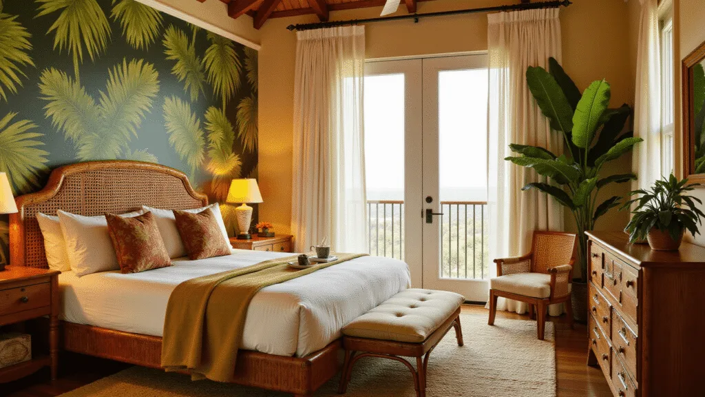 "Tropical themed bedroom with rattan bed, palm-print wallpaper, white curtains, monstera plants, bamboo accents during golden hour"