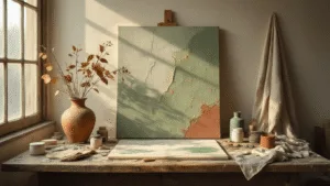 "Artist's tranquil studio in morning light showcasing a weathered workbench with art supplies, a textured artwork in progress with gold accents, and dried botanicals in a cracked ceramic vase."
