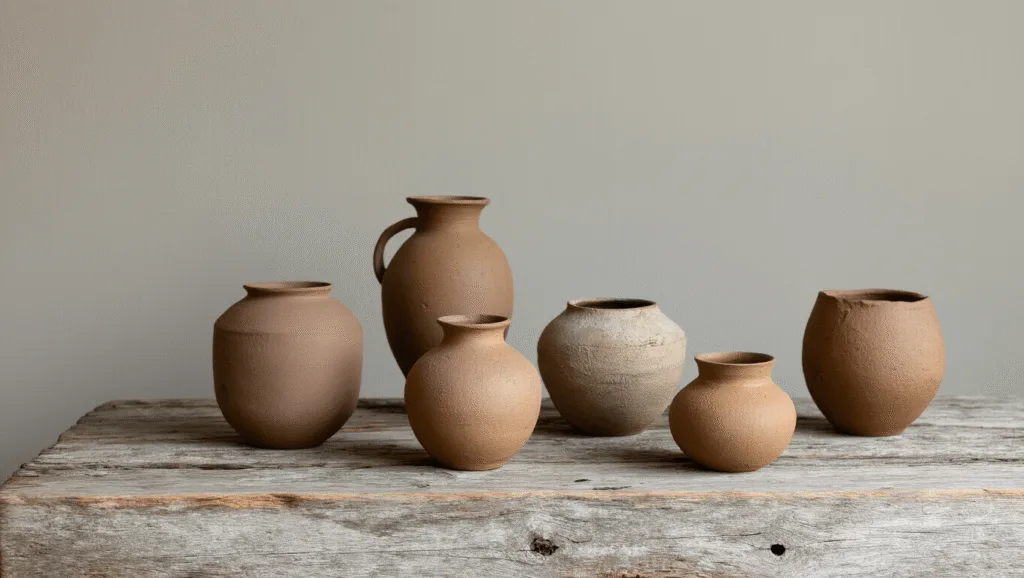 "A collection of rustic, wabi-sabi style pottery with natural textures in soft morning light. The clay vessels are in muted earth tones, and their asymmetrical forms are displayed on a weathered wooden surface."
