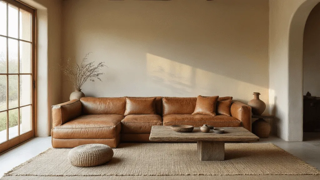 "Serene living room featuring a vintage leather sofa, handwoven rug, weathered wooden coffee table, ceramic vessels, textured plaster walls bathed in warm golden light on a neutral background"