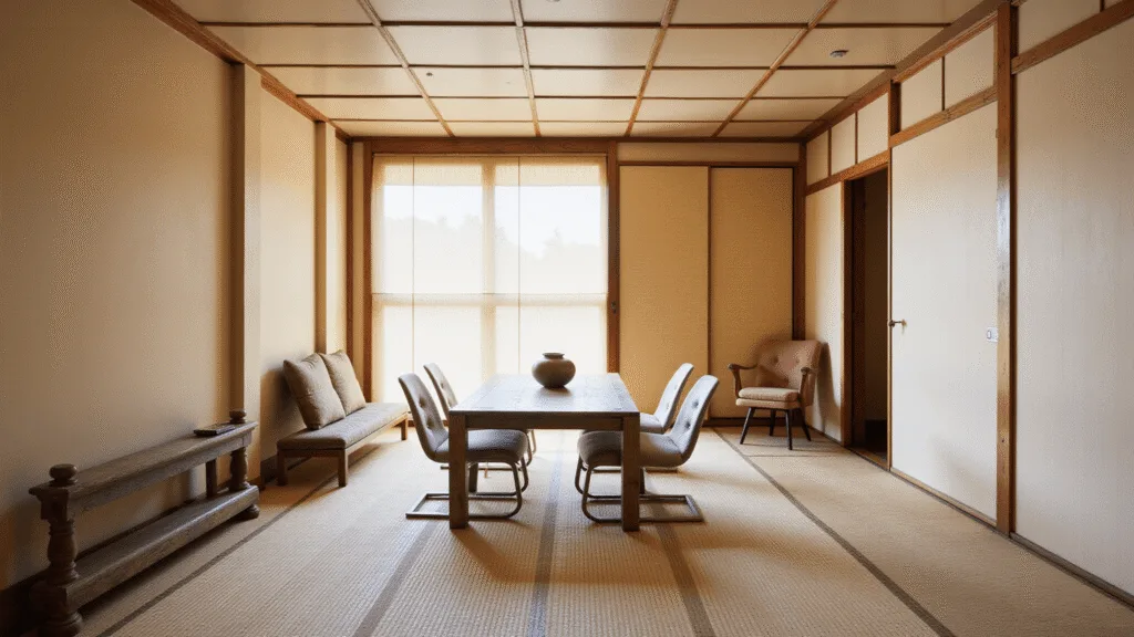 "Wabi-sabi interior design featuring sunlit room with weathered wooden furniture, handmade pottery, rice paper screens, and minimal aesthetic in earth tones"